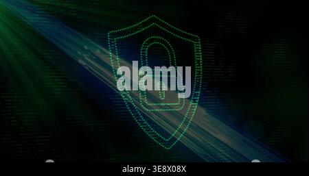 Pulsing dotted neon shield showing padlock on dark gradient, responding to teal light for security Stock Photo