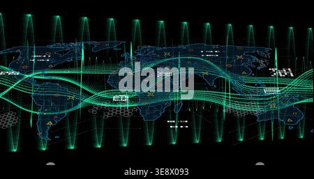 Displaying stylized world map on dark dashboard, streaming teal data ribbons with glowing nodes Stock Photo