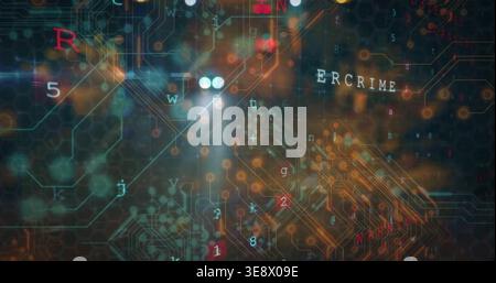 Displaying abstract network map in virtual environment, showing circuit traces, hex grid, ERCRIME Stock Photo