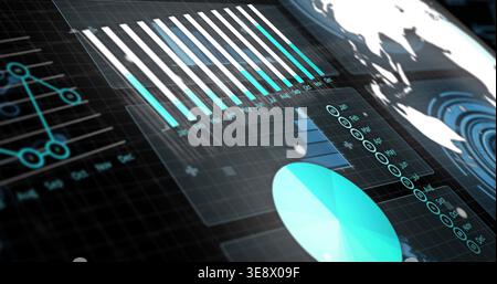 Displaying translucent analytics UI on curved screen, showing vertical bars, pie chart, globe Stock Photo