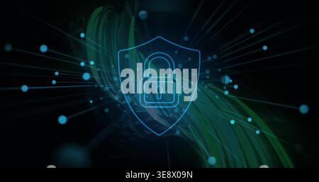 Glowing neon-blue shield with padlock floating over dark network, with green ribbons and cyan nodes Stock Photo