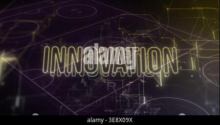 Displaying glowing INNOVATION wordmark centered on title screen, with wireframe diagrams and nodes Stock Photo