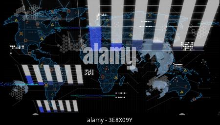 Displaying stylized global map on dark HUD interface, showing hex grid, node markers, yellow alerts Stock Photo