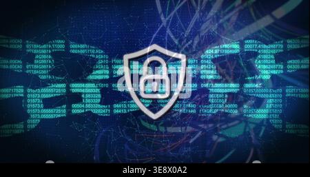 Glowing central shield with padlock reacting to detection in cyber canvas, showing SEC code Stock Photo