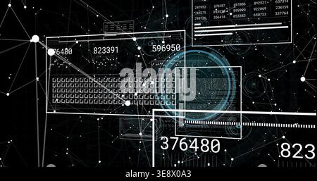Displaying digital dashboard occupying center on dark grid, showing keyboard schematic HUD Stock Photo