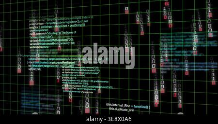Displaying central code cluster floating over virtual grid, showing neon-green lines and red digits Stock Photo