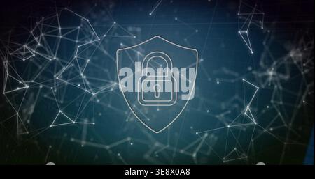 Hovering translucent shield with padlock projecting secure connectivity in teal gradient with nodes Stock Photo