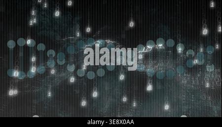Responding to binary stream, teal node waveform undulating across virtual mesh, showing flow Stock Photo