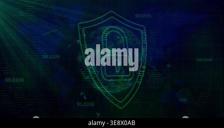 Showing dotted neon-green shield emblem with padlock icon over wire globe, with numeric overlays Stock Photo