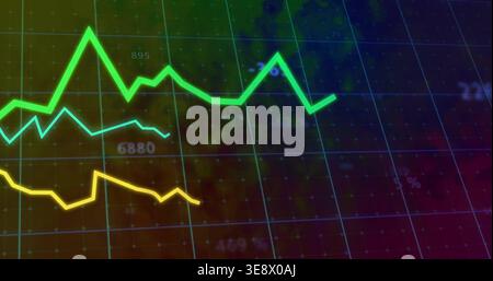 Displaying green cyan yellow line charts running on dashboard with grid numeric labels 6880 895 map Stock Photo