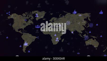 Showing world map projecting thumbs-up and at-sign icons over dark grid plane, glowing connections Stock Photo