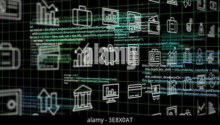 Streaming feed populating finance icons over wireframe grid, visualizing transactions with code Stock Photo