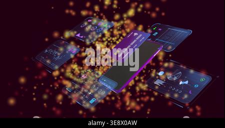 Animating on ping, smartphone displaying purple card in 3D, revealing holographic panels and charts Stock Photo