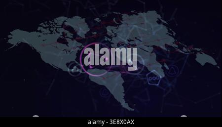 Displaying stylized world map on digital dashboard centered on Americas, purple play-button, nodes Stock Photo