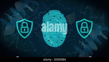 Pulsing cyan fingerprint responding to login on panel, granting access via shield locks Stock Photo