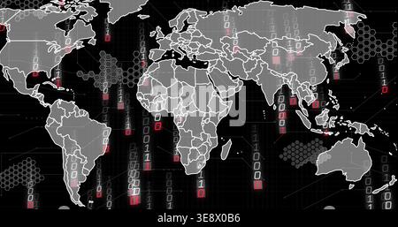 Showing stylized world map at center, streaming binary with red highlights and hex clusters Stock Photo