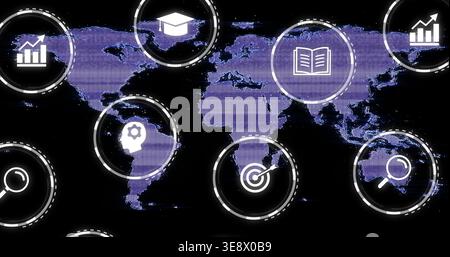 Displaying dotted purple world map on black backdrop, showing circular UI rings, scanline glitches Stock Photo