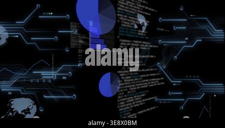 Displaying central blurred code column pulsing on dark interface, with two blue charts and traces Stock Photo