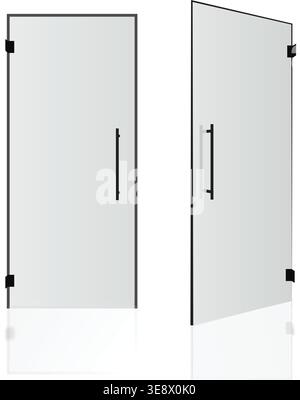 Frameless Glass Door with Handle and Hinges Front and Side View Stock Vector