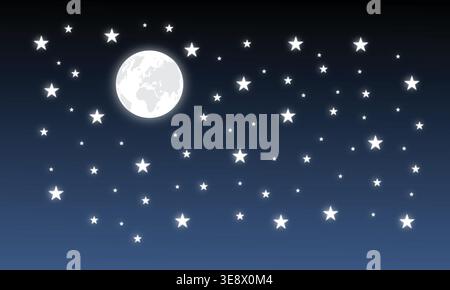 Night Sky with Moon and Stars Cartoon Style Background Illustration Stock Vector