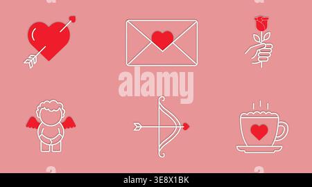 Valentine love icons set with heart, arrow, cupid, letter and rose Stock Vector