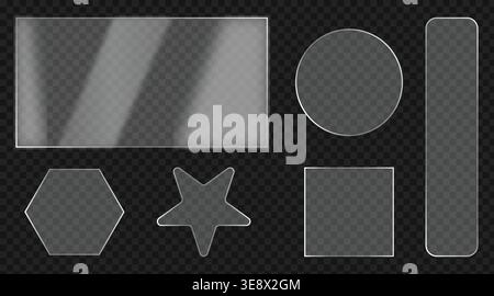 Transparent glass shapes set with realistic glossy effect, geometric UI panels collection Stock Vector