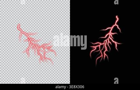 Red lightning bolt effect isolated on transparent background, electric energy flash with glowing plasma Stock Vector