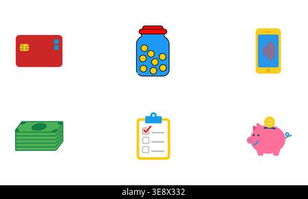 A vibrant collection of financial icons showcasing savings, investments, budget planning, and wealth growth. Features coins, cash, jars, checklists, a Stock Vector