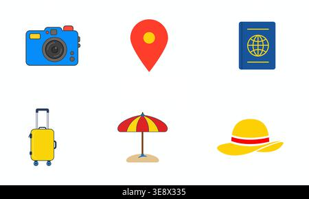 Bright, cheerful icons showcasing travel essentialscamera, suitcase, map pin, globe, beach hat, and umbrellaperfect for planning sunny getaways and ca Stock Vector