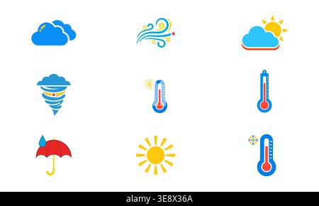 A vibrant collection of weather symbols depicting sun, rain, clouds, wind, snow, and temperature. Perfect for apps, forecasts, or educational material Stock Vector