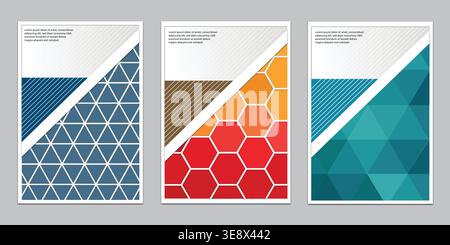 Modern abstract brochure cover templates with geometric patterns, creative business flyer layout set in blue red and teal Stock Vector