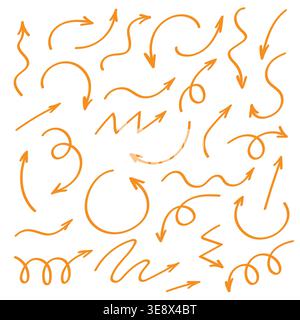 Collection of orange hand drawn style arrows with curved spiral and zigzag shapes. Doodle navigation elements perfect for social media design presenta Stock Vector