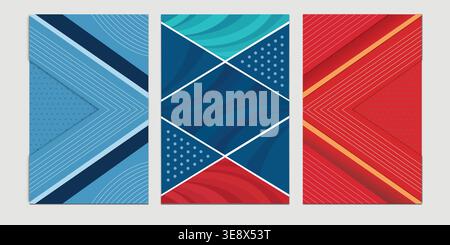 Abstract geometric poster templates set with modern blue and red shapes, creative brochure cover designs with lines and patterns Stock Vector