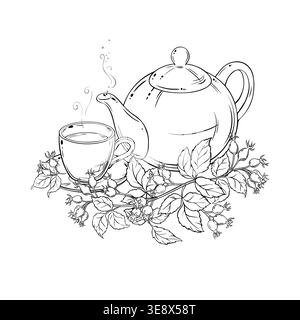 Wild Rose Tea in Teapot Outline Illustration. Stock Vector