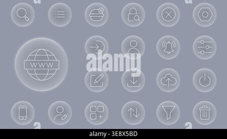 Neumorphic UI icon set with soft glow, modern web and mobile interface elements in minimal light style Stock Vector