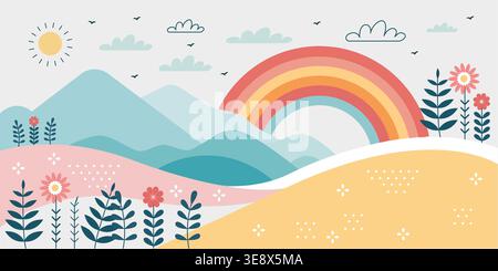 Abstract pastel landscape with rainbow, mountains and flowers, cute nature background in flat design style Stock Vector