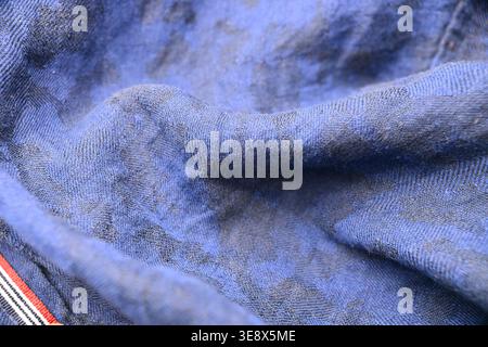 Blue and Dark Blue Linen Shirt Fabric — Creased Texture Macro Close-Up with Soft Defocused Backgrounds Stock Photo