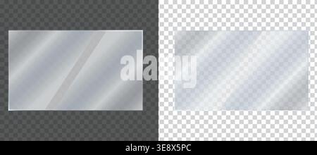 Realistic glass panel overlay set, transparent glossy rectangle frames with light reflection effect isolated on transparent background Stock Vector