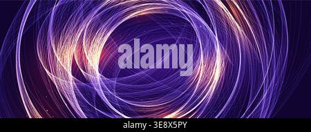 Abstract Luminous Rings Background Of Neon Light Spiral With Glowing Purple Energy Trails Forming A Futuristic Vortex On Dark Space. Biotech Science Stock Vector