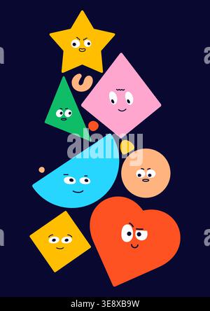 Kid poster with geometric characters design on blue background. Color elements with funny faces and emotions. Stock Vector