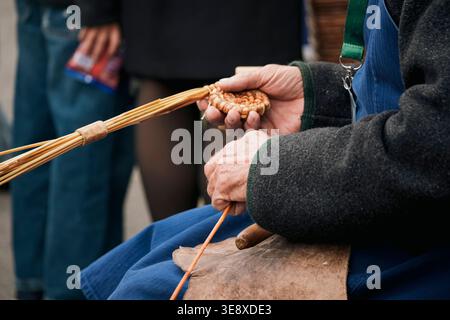 Close up of traditional basket weaving, highlighting heritage craft skills and handmade techniques. Stock Photo