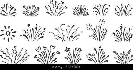 Fireworks, starbursts with confetti and sparks doodle style set. Festive flares with stars, ribbons and firecrackers clip art. Vector element Stock Vector
