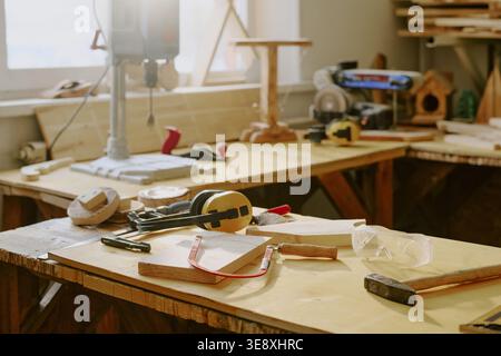 Woodworking Tools Arranged on Workbench for Carpentry Workshop Stock Photo