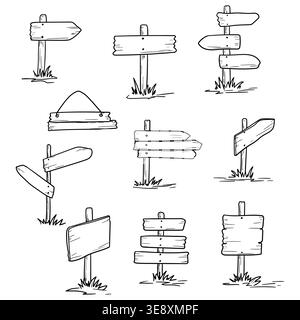 Wooden signs and signs on a pole, a hand-drawn sketch Vector illustration. A set of simple arrow drawings made of wood, isolated on a white background Stock Vector