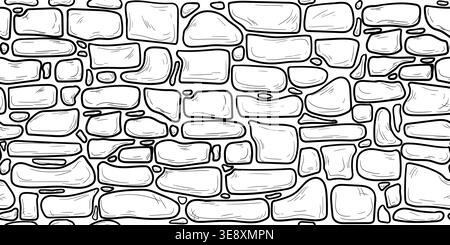 Masonry walls, hand-drawn sketch. vector illustration. A part of the facade made of pebbles and boulders, a seamless horizontal border, isolated on a Stock Vector