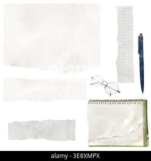 Sheets and strips of paper from school notebooks, with torn edges and pen. Watercolor illustration. A set of stationery, notebook with pages with crum Stock Photo