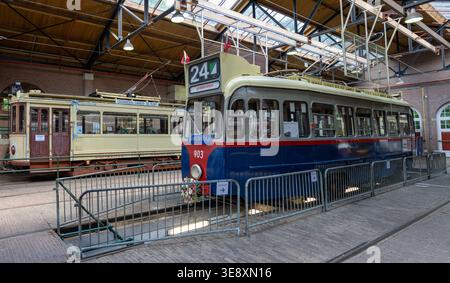 Arnhem, Netherlands - 27 May 23: Panoramic view of a preserved vintage tram inside a museum depot at the Netherlands Open Air Museum, Arnhem, Gelderla Stock Photo