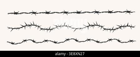 Barbed wire silhouette border, fence. Spiked wire with sharp barbs along its perimeter. Twisted ring y2k, round border tattoo, gothic textured steel frame,. Vector illustration Stock Vector