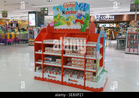 Kinder chocolate Easter promotional display inside a supermarket in Cebu City, Philippines, featuring seasonal confectionery products. Stock Photo