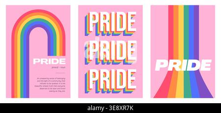 Retro Swiss Design Pride poster set with rainbow arch and typography. Minimalist LGBTQ wall art print, 70s queer modern geometric vertical banner for Stock Vector